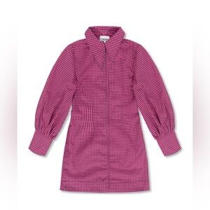 GANNI Check Pattern Long Sleeve Pink Mini Dress Front Zip NWT Sz 38 EU Medium US